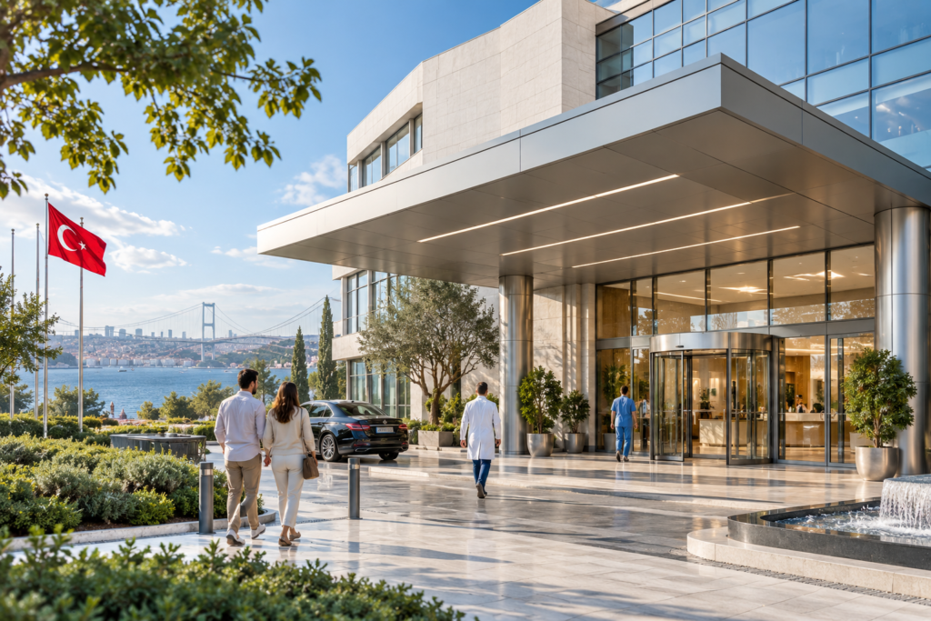 A patient couple arriving at a partner hospital in Istanbul, with the Bosphorus Bridge in the distance